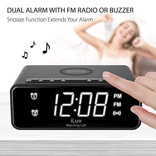 iLuv Wireless Charging Alarm Clock Radio with LED White Display, Dual Alarm, Super Loud Alarm Clock -Compatible with iPhone Xs Max, XR, X/Xs, Galaxy S9/S8/S7, AirPods 2G and More