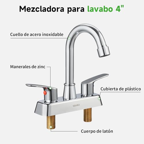 SOLVEX Mezcladora para Lavabo de Baño, Grifo para de Baño, Llaves para Lavabo Baño, 2 Manijas para Grifo de Lavabo, Llave Mezcladora para Baño, Cuerpo de Latón, Cromado, SP-40067
