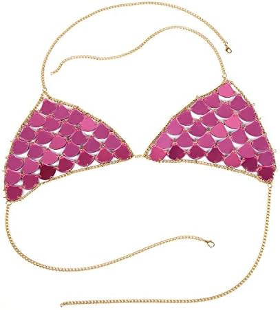 iSpchen Sexy Bikini Triangle Sequin Halter Bra Chain Women Girls Summer Bikini Chest Chain Body Chain Jewelry rose red