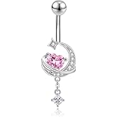Niaspi 14G CZ Moon Dangle Belly Button Rings for Women Dainty Pink Heart Square Crystal Dangle Belly Button Ring Hypoallergenic Stainless Steel Belly Piercing Jewelry Navel Curved Barbell 3/8"