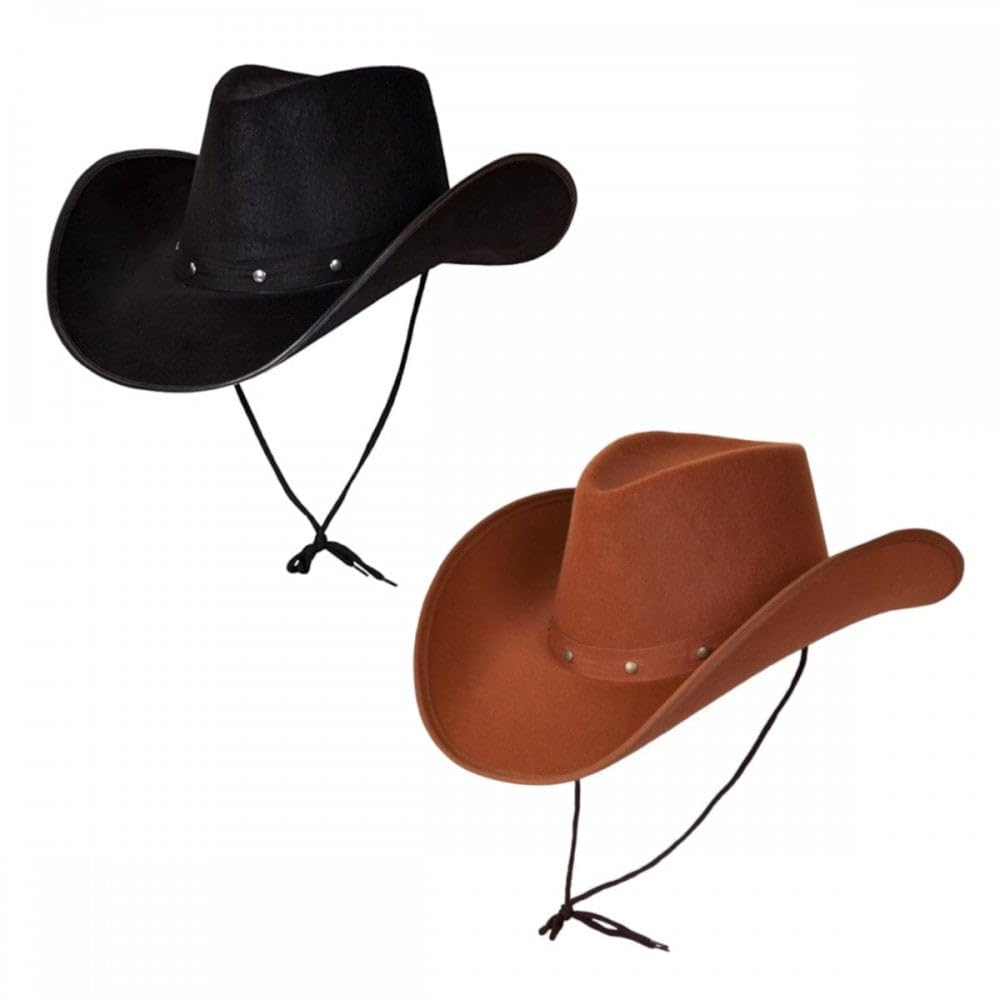 Titch & Timbo Adult Texan Cowboy Hat 2 Pack (Multiple Options) : Fancy Dress Party Accessory Country Western Rancher Wild West Music Festival (Classic Texan, Black,Brown)