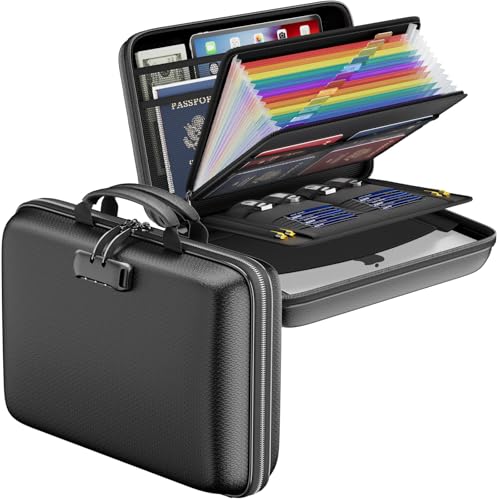 PFUTURE Fireproof File Organizer with Lock, Hard Shell Document Box with 13 Pocket Accordion Folder, Portable Fireproof Storage Case for Important Documents, Laptop, Home Office, Travel – Black