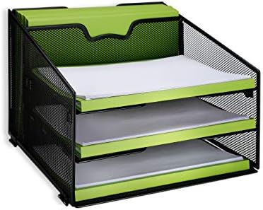 Rackarster Vertical Mesh Office Desk Organizer Desktop File Organizer with 3 Paper Organizer Letter Tray and Separate Compartment, Black