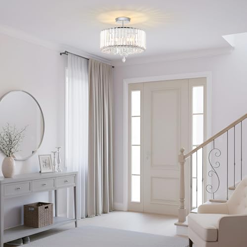 ANWIO Modern Crystal Ceiling Light, Silver Ceiling Light, Chandelier with 3 E27 Base, Glass Shade for Hallway, Entrance, Kitchen, Bedroom, Living Room (37 cm, Without Bulb)