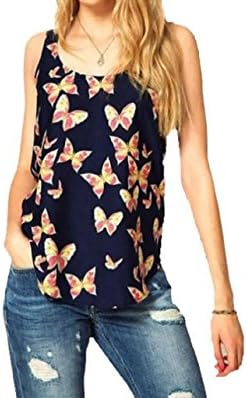 Choutia Women Butterfly Print Sleeveless Chiffon Tank Top Shirts Crew Vest (S, Black)