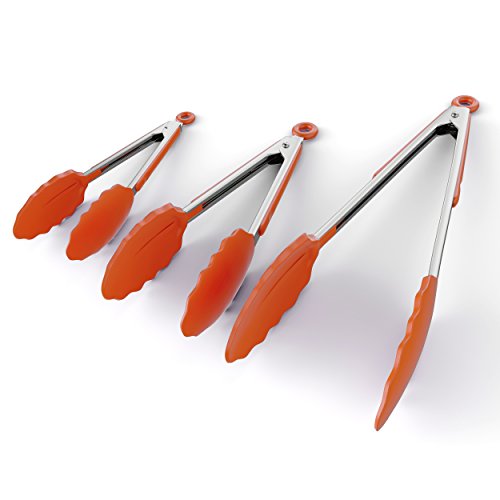 ChefStir Kitchen Tongs with Non Stick Silicone Tips - Stainless Steel, Heavy Duty, Multipurpose Set of 3 - 7, 9, 12 Inch - for Cooking, Baking and Grilling - Orange - Thumbnail 2