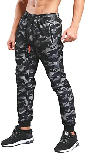TEBOOL Men's Camo Sweatpants Jogger Pants with Zipper Pocekts (Black,L)