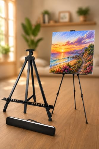 Cavalete De Pintura Em Tela Portátil e Ajustável 1,60m – Leve, Dobrável, Resistente, Ideal para Artistas, Estúdios, Escolas e Pintura ao Ar Livre Suporte Cavalete De Artista Preto Linha Super Premium