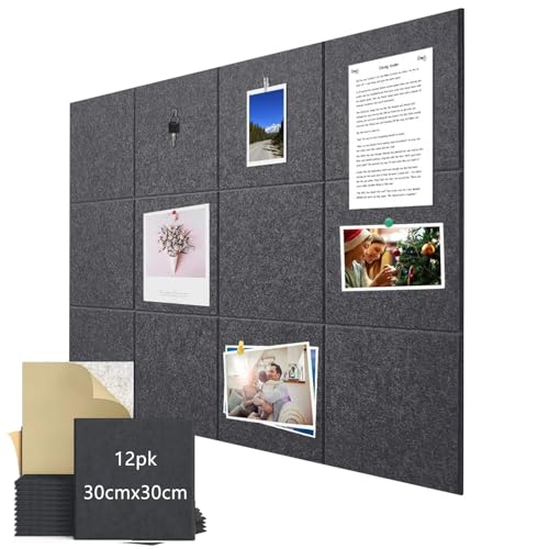 Quadro de Cortiça Feltro 120x90, GODREAM Quadro de Aviso, Mural de Recado Fotos Grande, Placa de Cortiça Autoadesivo, Organizador de Parede para Escritório, Casa, Escola, 12 peças (Cinza escuro)