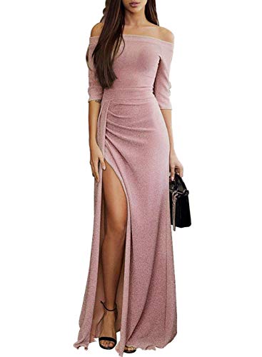 High Slit Maxi Floor Dress for Womens Long Elegant Metaillic Ruched Bodycon 3/4 Sleeves Evening Party Wedding Dress Medium (US 8-10) L-light Purple