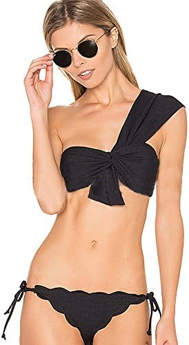 Helerma Split swimsuit sexy women's black single shoulder bikini buckle two-piece swimsuit (L(6-8), Black)