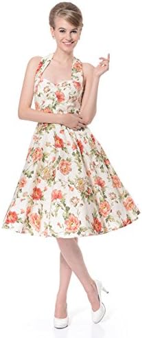 Halter Neck 100% Cotton Polka Dot Floral 50s Vintage Rockabilly Swing Dress (M (US4-6), Beige Floral)