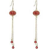 Dainty Red Lantern Dangle Drop Earrings for Women Chinese Style S925 Sterling Silver Post Statement Long Chain Tassel Earring Piercing Dangling Hook Elegant Hypoallergenic Jewelry for Daughter Mom