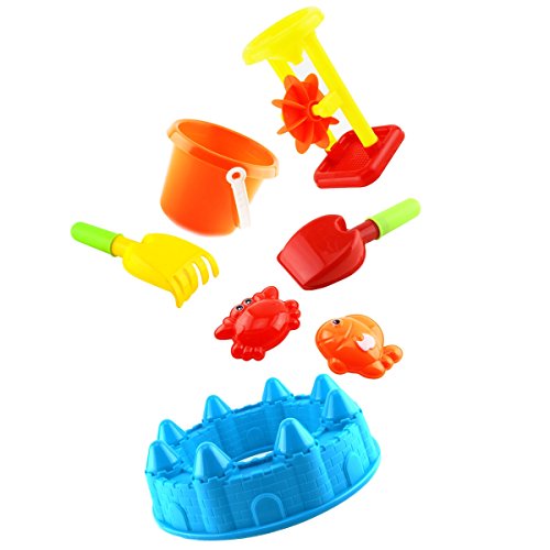 FAVTOY ISLAND - 7 Piece Set Beach Sand Toy Set Including Castle, Molds, Bucket, Shovels, Rakes, Mesh bag Packaging - Thumbnail 3