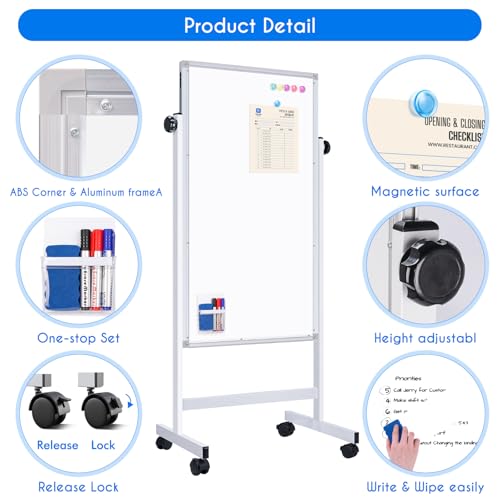 Maxtek Rolling Whiteboards, 48x24 Inches Magnetic Dry Erase White Board on Wheels, Double Side White Board Height Adjustable Standing Easel, Aluminum Frame for Home, School, Office