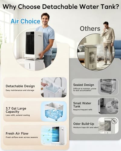 Air Choice Swamp Cooler, 30" Windowless Portable Air Conditioners with 3.7Gal Water Tank, 2 Ice Packs, Oscillation, 3 Speeds/Modes, 12H Timer, Night Light, Portable Swamp Cooler for Bedroom Office