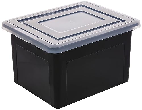 IRIS USA Caja de Transporte de Archivos Tamaño Carta/Legal, Paquete de 4, Caja de Almacenamiento Libre de BPA con Tapa de Seguridad y Cierre Duradero, Archivero Apilable Encajable, Negro/Transparente