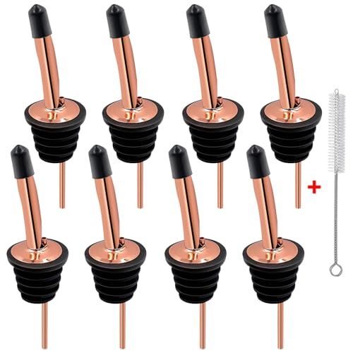 SuproBarware Liquor Bottle Pourers - 8 Pack Stainless Steel Classic Bottle Pourers with Clean Brush, Rustproof Metal Alcohol Pouring Tubes For Bars, Clubs, Restaurants & Home Use (Copper)