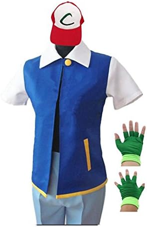PixieCos Ash Ketchum Cosplay Costume Jacket Gloves Hat Set Trainer Halloween Hoodie(Jacket+Gloves+Hat)