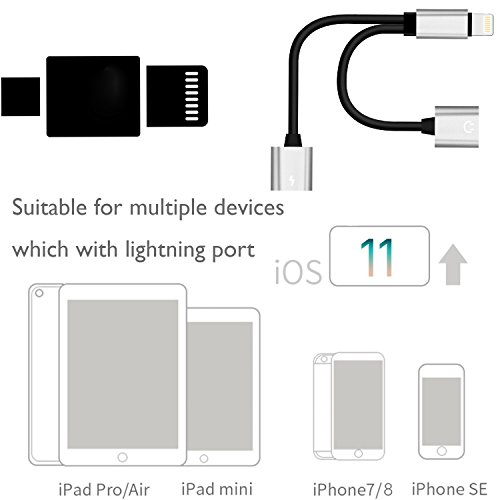 DISDIM 2 in 1 Aluminum Dual Lightning Charging Adapter & Female Headphone Jack Aux Audio Splitter Cable for iPhone X / 8 / 8 Plus /7 /7 Plus,iOS 11 with Calling Function and Music Control (Silver)