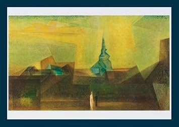 Bild mit Rahmen Lyonel Feininger - Nermsdorf - Holz blau, 70 x 50cm - Premiumqualität - Klassische Moderne, Abstrakt, Gebäude