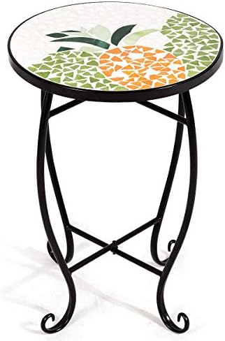 NanaPluz 21" H Yellow Round Plant Stand Steel Scheme Garden Decor Display Accent Table Curved Legs Pineapple Mosaic Inlay Top with Ebook