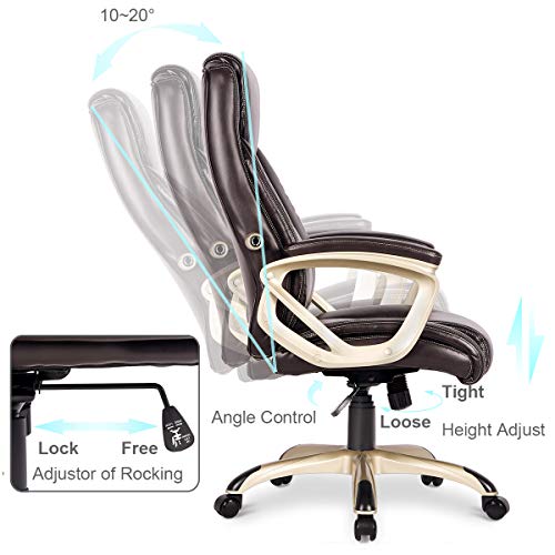 PU Leather Executive Office Chair Desk Task Computer Chair Swivel High Back Chair with Ergonomic Adjustable Lumbar Support Brown