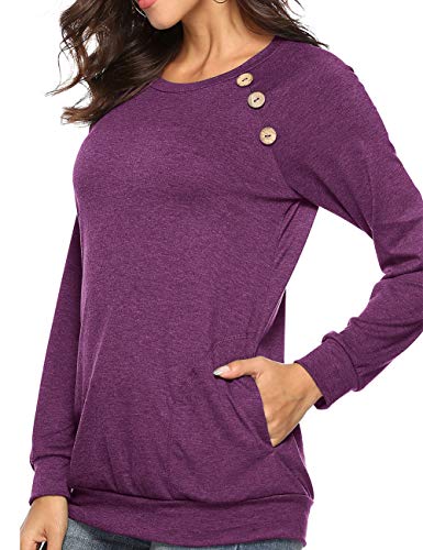 Womens Button Long Sleeve Tops Casual Blouses T-Shirt Round Neck Pockets Top WineRed M - Thumbnail 2