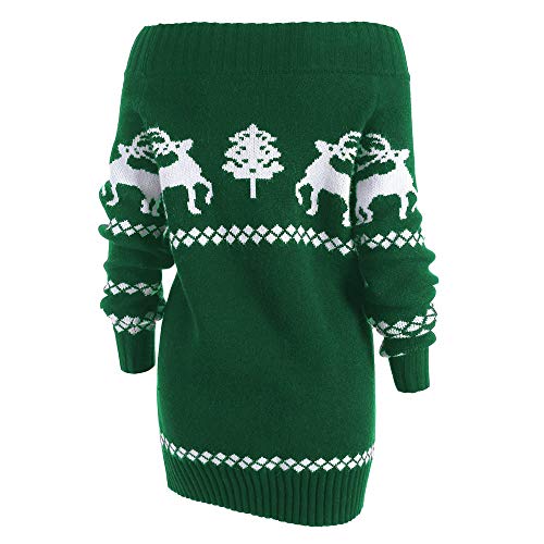 Women Off Shoulder Knitted Sweater Sweatshirt Christmas Tree Elk Print Pullovers Tops T-Shirt Dress Green