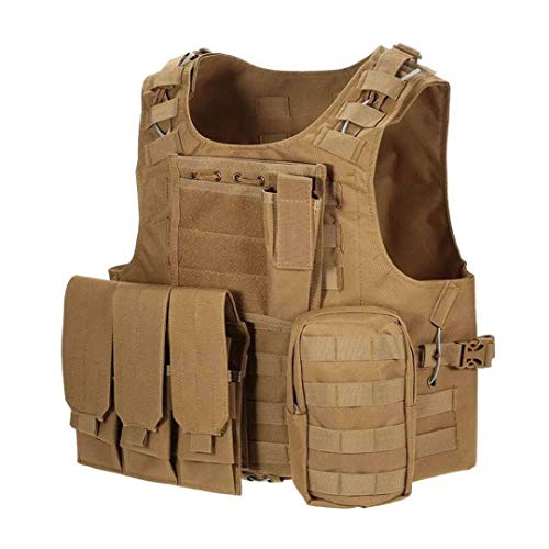 Jipemtra Tactical MOLLE Vest Adjustable Combat Training Military Mesh Police Vest Detachable Airsoft Paintball Vest Assault Swat Vest for Outdoor Hunting Army Fans CS Game Field Ope (Tan#2)