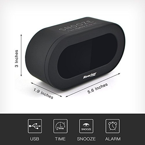 Reacher Digital LED Alarm Clock with USB Port Phone Charger, Snooze, Big Red Digits, Battery Back , Outlet Powered Clock Small for Bedrooms, Desk, Shelf