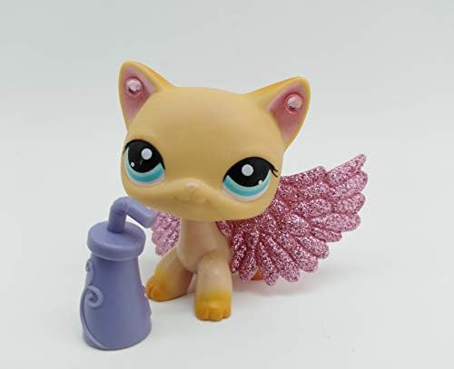 （US Warehouse）Junior Pet Shop lps Short Hair Cat #339 Yellow Cat with Blue Eyes with Accessories Bows Wings Rare Figures Kids' Gift