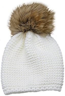 Childrens Unisex Outdoor Warm Stylish Winter Beanie Hat with Detacahable Pom Pom and Knit Design - Made with Real Fur