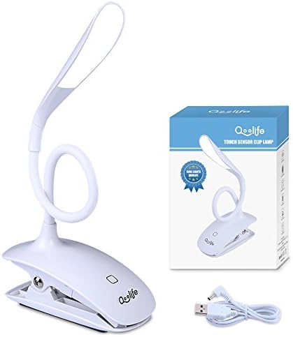 Clip On Reading Light - Qoolife Touch Sensitive Wireless Rechargeable Clamp on 14 LED Beads Desk Lamp / Reading Light / Book Light with 3 Level Eye Care Brightness