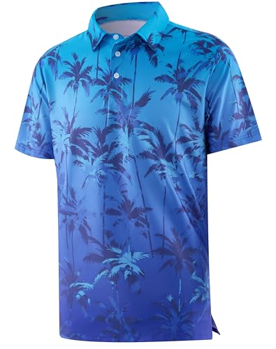 APTRO Mens Hawaiian Polo Shirts Short Sleeve Quick Dry Golf, Ombre Blue Palm, Small at Amazon