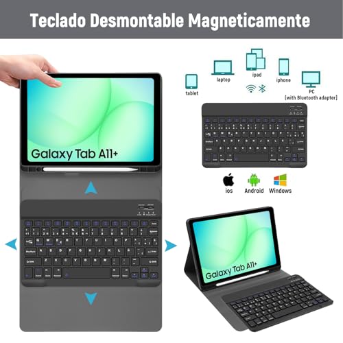 Lielax Case with Spanish Keyboard Ñ for Samsung Galaxy Tab A11+/A9+ 11 Inch. Detachable Magnetic Bluetooth Keyboard for Galaxy Tab A11 Plus 2025/A9 Plus 2023, Black