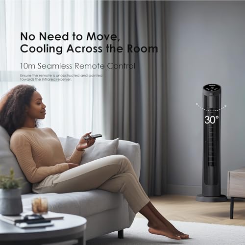 Oraimo 40" Silent Tower Fan with Remote Control 10m, 50W Powerful DC Brushless Motor, 4 Speeds,3 Wind Modes,12H Timer, 90° Oscillation, LED Display, Fan Standing for Bedroom Home Office