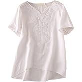 Minibee Women's Linen Shirts Summer Boho Blouse V Neck Short Sleeve Embroidered Tunic Tops