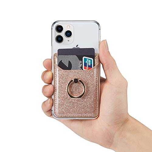 TOPWOOZU Phone Card Holder with Ring Grip for Back of Phone,Adhesive Stick-on Credit Card Wallet Pocket for iPhone,Android and Smartphones - Thumbnail 3