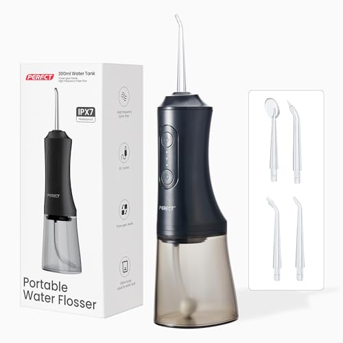 PERECT Portable Water Flosser for Teeth Cleaning, Travel Water Flossers for Teeth & Braces, 300ML Cordless Oral Irrigator with 3 Modes, 4 Tips, USB Rechargeable, IPX7 Waterproof (Black)