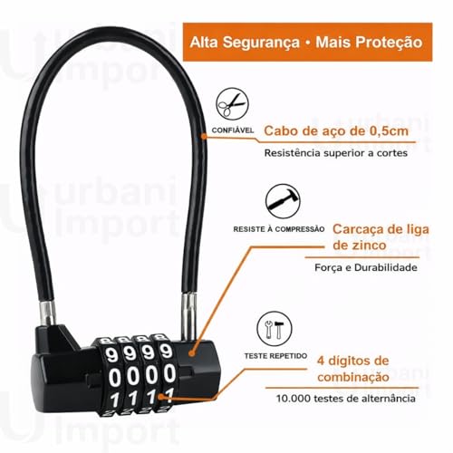 Cadeado Cabo de Aço com Segredo, 4 Dígitos, Carcaça de Liga de Zinco, Alta Resistência, para Armário, Mala e Bicicleta