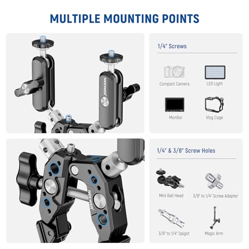 NEEWER Heavy Duty Super Clamp with Two 360° Dual Ball Head Magic Arms, 1/4" 3/8" Screw Threads, Phone & Action Camera Mount Adapter for Flat/Round Surface Compatible with GoPro DJI Insta360 DSLR