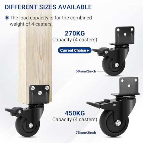 Humagineer 50 mm Heavy Duty Trolley Wheels with L Mount, Wheels for Small Furniture in Rubber, Silent and Sliding, Capacity 270 kg, Swivel Ruo te with 4 Brakes for Table, Wardrobe, Cot