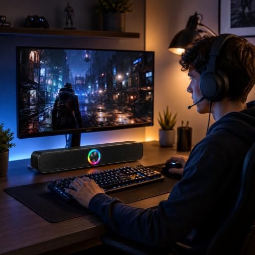 Caixa de Som Soundbar para Computador Notebook e TV com LED RGB, Conexão USB e P2 3,5mm, Bluetooth, Estéreo 6W, Drivers de Alumínio, Plug and Play