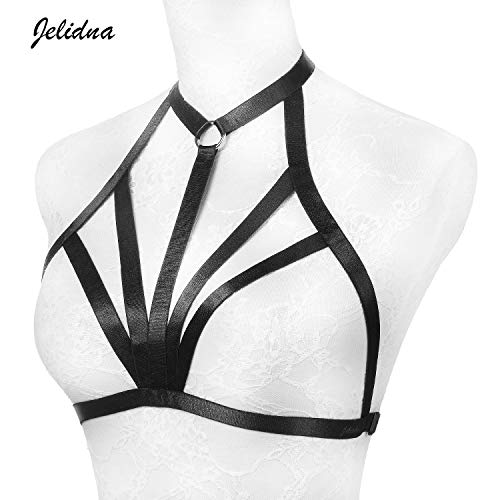Jelinda Harness Bra Women - Fashion Elastic Strappy Halter Harness Bralette Bra Garter Cupless Body Cage Bra Black (F Y121-K)