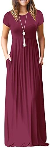 Kool Classic Women's Short Sleeve Solid Casual Ruched Long Maxi Dress Party Dress with Pockets Plus Size Wine Red XX-Large