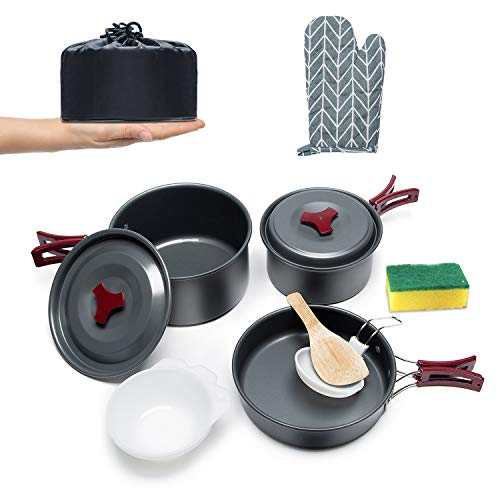 Urbenfit Camping Cookware Set with Anti-scalding Gloves, Portable Outdoor Lightweight Cookware Mess Kit Backpacking Gear for Hiking Camping