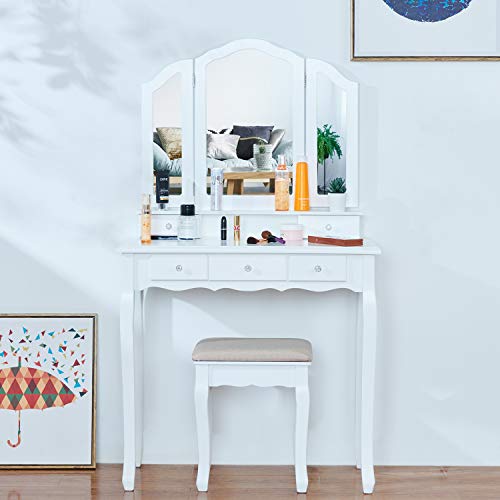 image for Tiptiper Vanity Set with Cushioned Bench, Makeup Table with Tri-Foldin