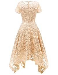 Bridesmay - Vestido de dama de honor para mujer, elegante, de manga corta, con encaje floral, asimétrico, con dobladillo