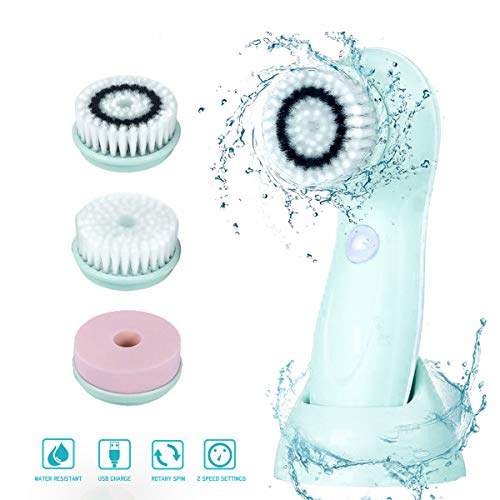 Gackoko Facial Cleansing Brush- Latest advanced cleasing Technology & 3 Brush Heads-USB Rechargeable Electric Rotating Face- IPX6 Waterproof-Advanced Face Spa System for Exfoliating Deep clease (Blue)